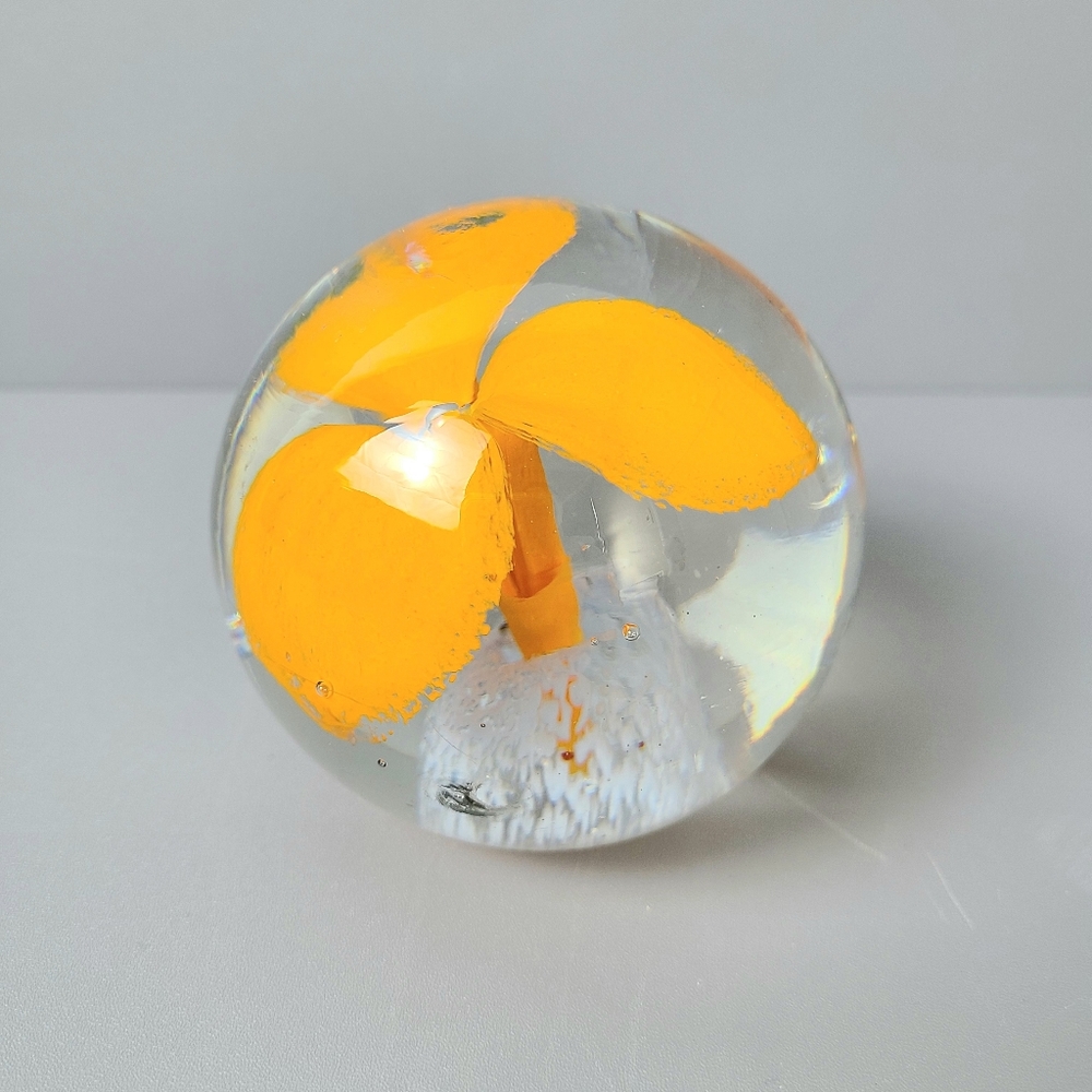 Floating Orange Flower Art Glass Handmade Crystal Paperweight